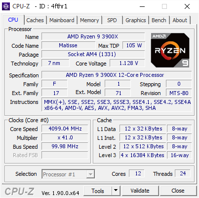 Amd Ryzen 9 3900x 4099 04 Mhz Cpu Z Validator