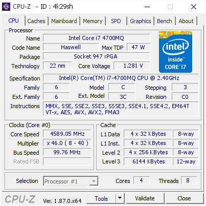 Intel Core i7 4700MQ @ 4589.05 MHz - CPU-Z VALIDATOR