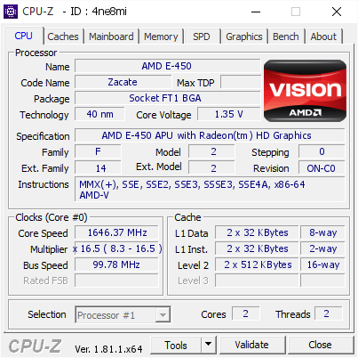 Amd E 450 1646 37 Mhz Cpu Z Validator