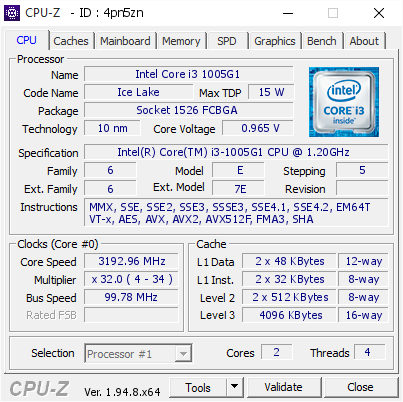 Intel Core I3 1005g1 3192 96 Mhz Cpu Z Validator