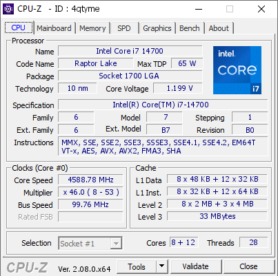 screenshot of CPU-Z validation for Dump [4qtyme] - Submitted by  DESKTOP-HKJA0DQ  - 2024-03-28 11:15:00