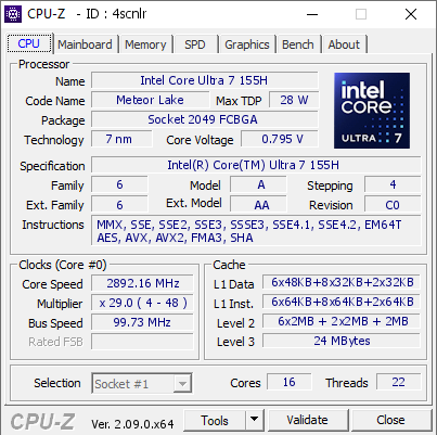 screenshot of CPU-Z validation for Dump [4scnlr] - Submitted by  Anonymous  - 2024-04-17 15:14:54