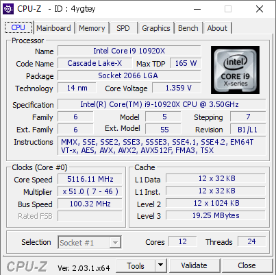 screenshot of CPU-Z validation for Dump [4ygtey] - Submitted by  ROG-X299  - 2023-01-13 20:25:29