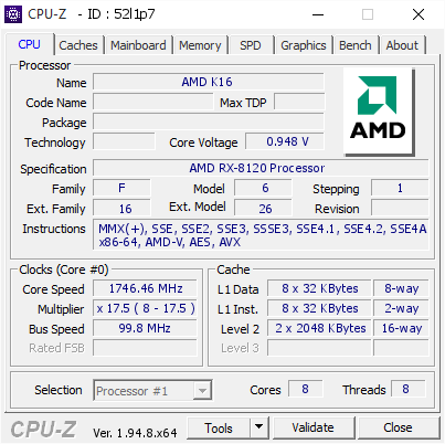 screenshot of CPU-Z validation for Dump [52l1p7] - Submitted by  Anonymous  - 2021-01-12 00:19:11