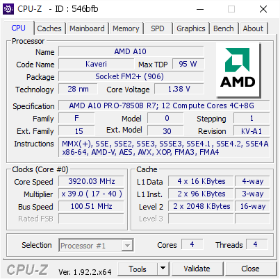 screenshot of CPU-Z validation for Dump [546bfb] - Submitted by  DESKTOP-479HTN7  - 2020-06-27 22:20:50