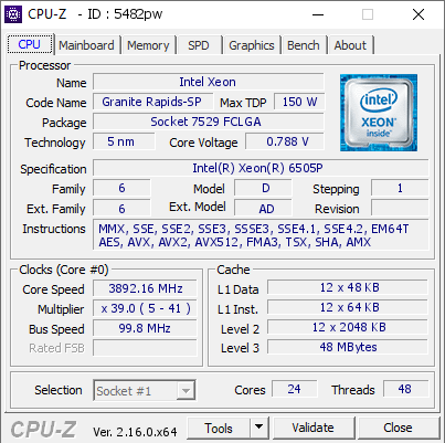 screenshot of CPU-Z validation for Dump [5482pw] - Submitted by  BSDSERVER2  - 2026-06-27 11:23:33
