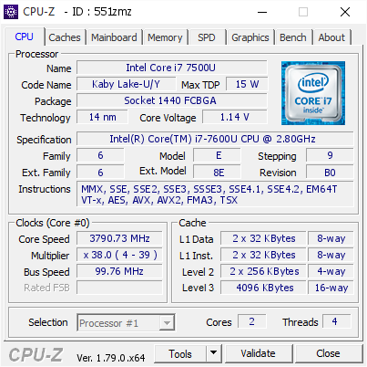 Intel Core I7 7500u 3790 73 Mhz Cpu Z Validator