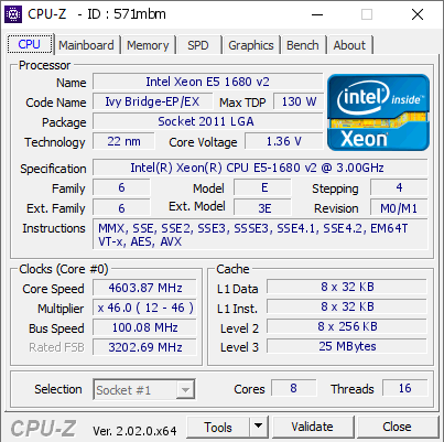 screenshot of CPU-Z validation for Dump [571mbm] - Submitted by  1680v2 4.6ghz oc xmp  - 2022-09-20 20:32:22