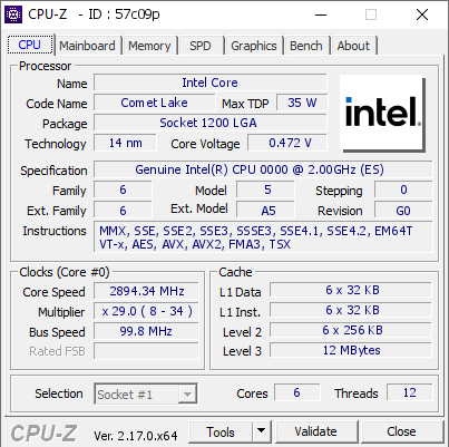 Intel Core @ 2894.34 MHz - CPU-Z VALIDATOR
