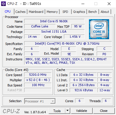 Intel Core i5 9600K @ 5200 MHz - CPU-Z VALIDATOR