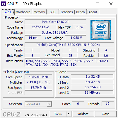 Intel Core i7 8700 @ 4289.51 MHz - CPU-Z VALIDATOR