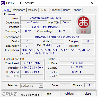 screenshot of CPU-Z validation for Dump [5c90ce] - Submitted by  Zhaoxin-Vostro24  - 2024-01-06 03:34:31