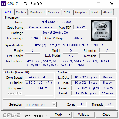 Intel Core I9 10900x 4998 81 Mhz Cpu Z Validator