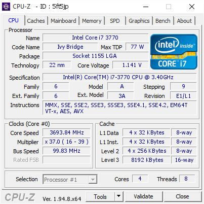 screenshot of CPU-Z validation for Dump [5ft5jp] - Submitted by  DESKTOP-SHQ8BPT  - 2021-01-19 15:08:20