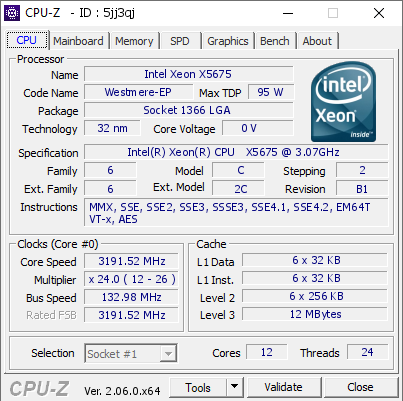 Intel Xeon X5675 @ 3191.52 MHz - CPU-Z VALIDATOR