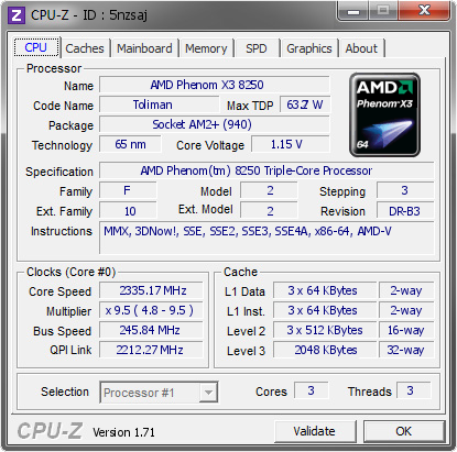 Amd Phenom X3 8250 2335 17 Mhz Cpu Z Validator