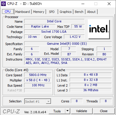 screenshot of CPU-Z validation for Dump [5ub92n] - Submitted by  Anonymous  - 2026-03-13 06:12:27