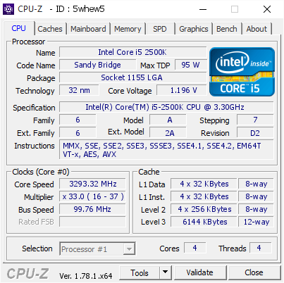 Intel Core I5 2500k 3293 32 Mhz Cpu Z Validator