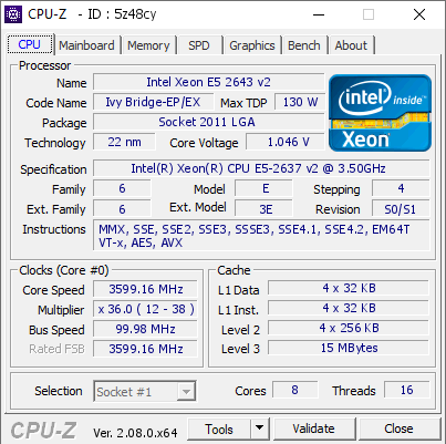 Intel Xeon E5 2643 v2 @ 3599.16 MHz - CPU-Z VALIDATOR