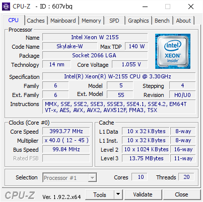 screenshot of CPU-Z validation for Dump [607vbq] - Submitted by  Anonymous  - 2020-06-16 14:16:11