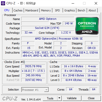 screenshot of CPU-Z validation for Dump [6091gr] - Submitted by  OPTERON64  - 2020-10-23 10:17:07