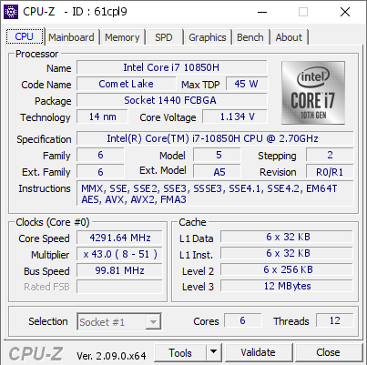 screenshot of CPU-Z validation for Dump [61cpl9] - Submitted by  Anonymous  - 2024-04-18 19:29:11