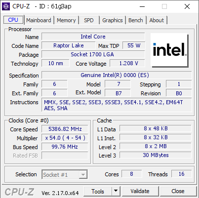 screenshot of CPU-Z validation for Dump [61g3ap] - Submitted by  Anonymous  - 2026-07-05 19:07:06