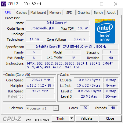 screenshot of CPU-Z validation for Dump [62ictf] - Submitted by  Anonymous  - 2018-04-10 19:34:51