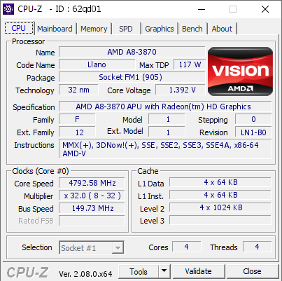screenshot of CPU-Z validation for Dump [62qd01] - Submitted by  Toybiff  - 2023-10-18 03:04:33