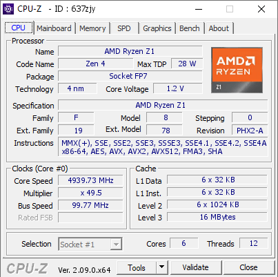 screenshot of CPU-Z validation for Dump [637zjy] - Submitted by  ROGBRONEK  - 2024-04-07 07:48:02