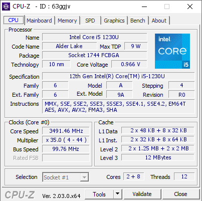 screenshot of CPU-Z validation for Dump [63ggjv] - Submitted by  HP_ENVY_X360  - 2023-01-15 13:55:07