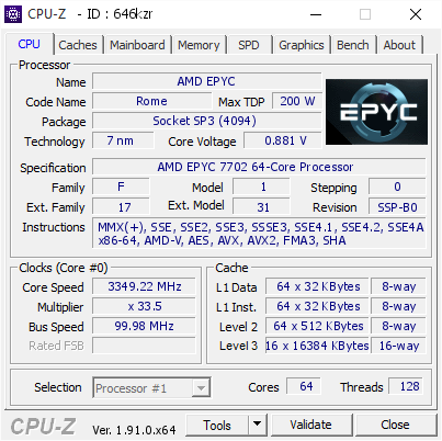 screenshot of CPU-Z validation for Dump [646kzr] - Submitted by  EPYC-1-7002  - 2020-02-04 18:21:22