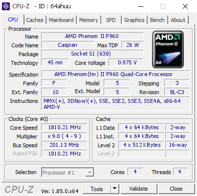 AMD Phenom II P960 1810.21 MHz CPU Z VALIDATOR