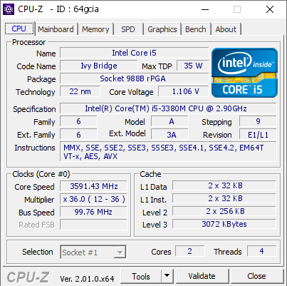 screenshot of CPU-Z validation for Dump [64gcia] - Submitted by  Slaavo 3D  - 2022-06-13 18:05:14
