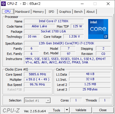 screenshot of CPU-Z validation for Dump [65uvr2] - Submitted by    - 2025-10-14 02:04:08