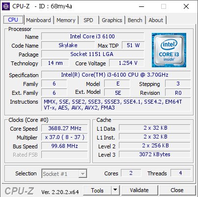 screenshot of CPU-Z validation for Dump [68my4a] - Submitted by  Anonymous  - 2026-08-24 04:29:49