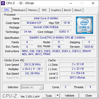 screenshot of CPU-Z validation for Dump [69cejv] - Submitted by  RAJU-IDEAPAD320  - 2023-03-26 21:37:56