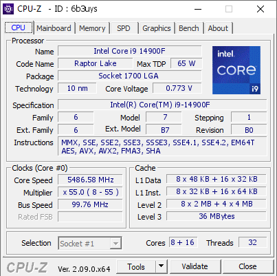 screenshot of CPU-Z validation for Dump [6b3uys] - Submitted by  Anonymous  - 2024-03-26 13:50:36