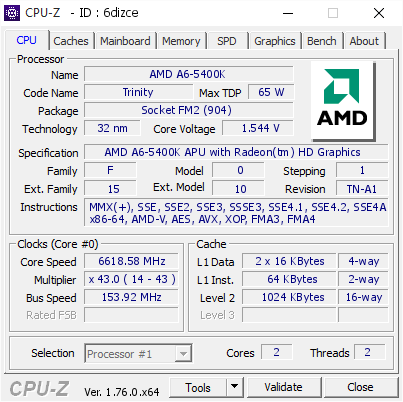 screenshot of CPU-Z validation for Dump [6dizce] - Submitted by  AMD-A6-5400K  - 2016-06-21 14:27:31