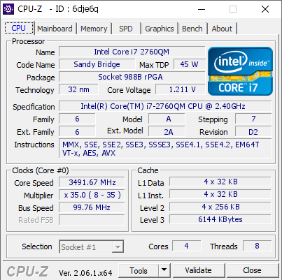 screenshot of CPU-Z validation for Dump [6dje6q] - Submitted by  VON-VOSTRO3550  - 2023-07-07 00:37:29