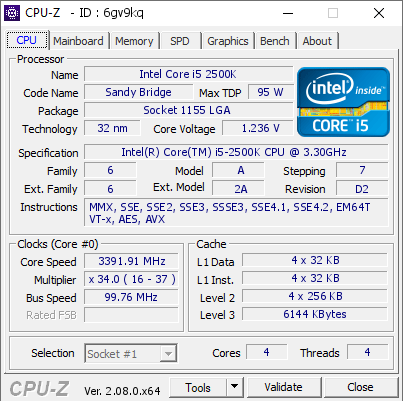 Intel Core i5 2500K @ 3391.91 MHz - CPU-Z VALIDATOR