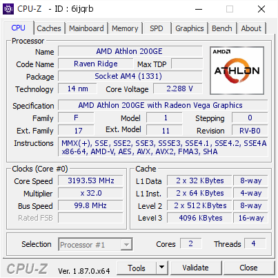 Amd Athlon 200ge 3193 53 Mhz Cpu Z Validator