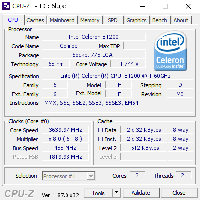 screenshot of CPU-Z validation for Dump [6lujsc] - Submitted by  alexmaj467  - 2019-01-25 19:19:38