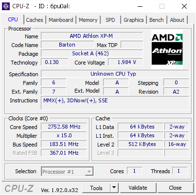screenshot of CPU-Z validation for Dump [6pu0ak] - Submitted by  Xevipiu  - 2020-06-28 22:53:42