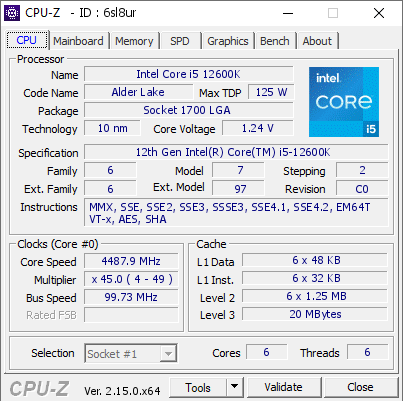 screenshot of CPU-Z validation for Dump [6sl8ur] - Submitted by  Anonymous  - 2025-05-15 10:59:41