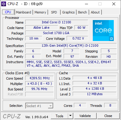 screenshot of CPU-Z validation for Dump [6tkgd9] - Submitted by  Anonymous  - 2022-02-11 15:05:05