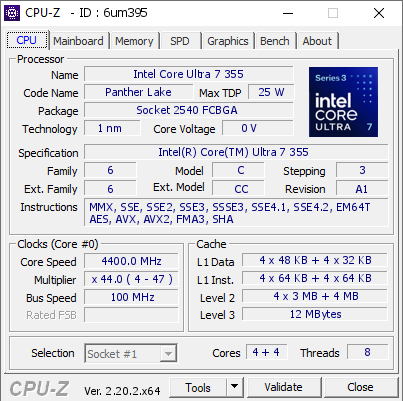 screenshot of CPU-Z validation for Dump [6um395] - Submitted by  Anonymous  - 2026-06-23 13:41:40