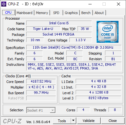 screenshot of CPU-Z validation for Dump [6vkj0v] - Submitted by  DESKTOP-JKFB106  - 2021-12-21 13:32:18