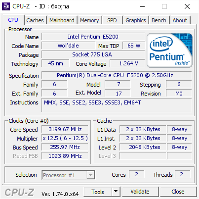 screenshot of CPU-Z validation for Dump [6xbjna] - Submitted by  TESTBENCH-PC  - 2016-01-10 03:15:31