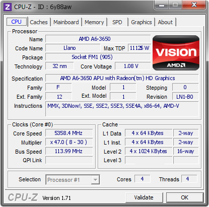 screenshot of CPU-Z validation for Dump [6y88aw] - Submitted by  DANE-PC  - 2014-11-05 19:11:16
